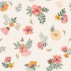 Flowers textile pattern in boho style and colors. Pink botanical  bouquets on ivory background. Vintage fabric design
