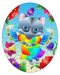 Illustration in a stained glass style with an abstract fairy cat, against a background of bright flowers and a blue sky, oval image