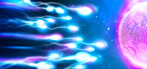 Sperm and egg cell. Natural fertilization. 3d illustration on blue background