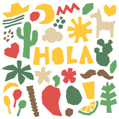 Paper cut Hola Mexico shapes set. Contemporary trendy collage for web background, fabric and covering design. Cute and modern isolated elements. © Ana Zhulina