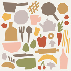 Paper cut Kitchen and food shapes set. Contemporary art collage for children cooking game and other design. Cute and modern isolated objects.