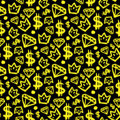 Yellow ink dollars, crowns and diamonds isolated on black background. Cute seamless pattern. Vector simple flat graphic hand drawn illustration. Texture.