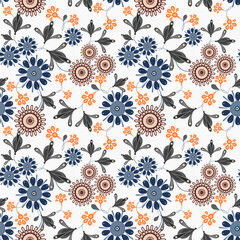 Floral seamless pattern in ethnic painting style. Elegant vector hand drawn texture with small flowers, leaves, buds. Modern folk ornamental background. Blue, orange, white, gray color. Repeat design