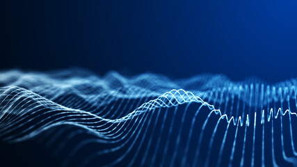 Big data stream. Abstract wave with moving dots. Flow of particles. Cyber technology illustration. 3d rendering.