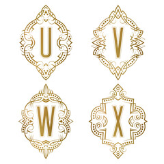 Set of vintage monograms in patterned frames. Retro logos of U, V, W, X golden letters.