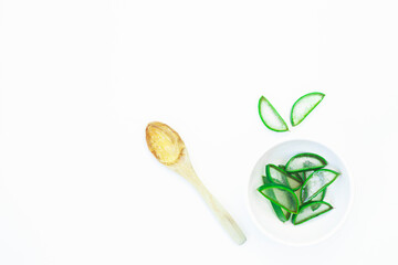 Fresh sliced Aloe Vera leaf isolated on white background, top view