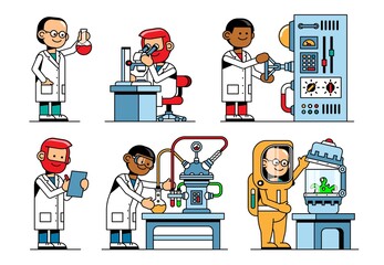 Obraz na płótnie Canvas Scientists in chemistry and physics with laboratory equipment. Scientist in a chemical protection suit. Vector isolated illustration.
