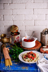 Italian meatballs in tomato sauce with pasta..style rustic