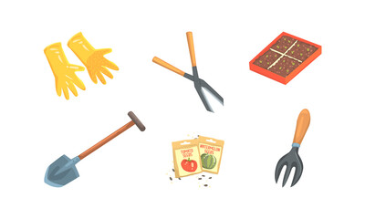Gardening Tools Collection, Rubber Gloves, Pruner, Shovel, Seeds Cartoon Vector Illustration