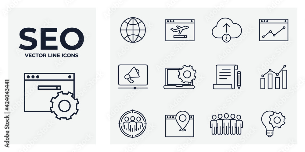 Poster set of seo icon. search engine optimization pack symbol template for graphic and web design collecti