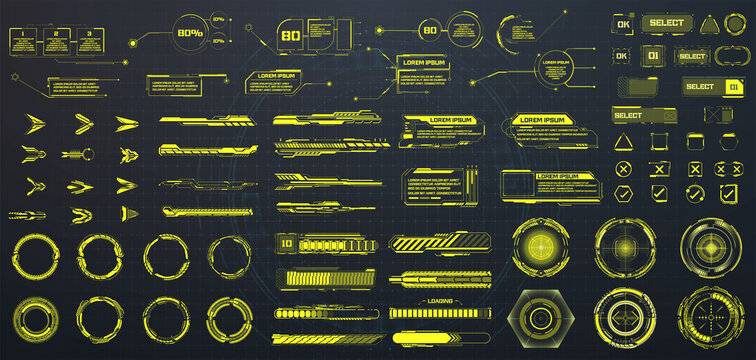 Collection HUD, Sci- Fi elements arrow,  Circle, tech frame, Callouts titles, bar labels, buttons, frame screens. Futuristic info boxes layout templates. Digital technology UI,UX, GUI, FUI. Vector