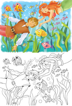 The little mermaid. Fairy tale. Coloring page. Illustration for children. Cute and funny cartoon characters
