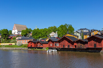 Fototapeta na wymiar View to old town with red wooden buildings and church, Porvoo, Finland