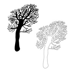 Black and white vector silhouettes of stylized trees without leaves in doodle style. isolated on white background. Design for create textile, wallpaper, wall panel, organic package, decorations.