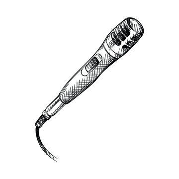 Hand drawn sketch of vintage vocal microphone with wire on a white background. Microphone, music, performance, voice.