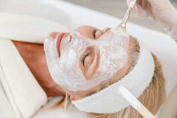 Fototapeta na wymiar Close up photo of beautician applying nutrition face mask on senior woman face