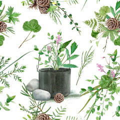 Seamless floral pattern with watercolor forest plants and flowers, artistic painting natural background