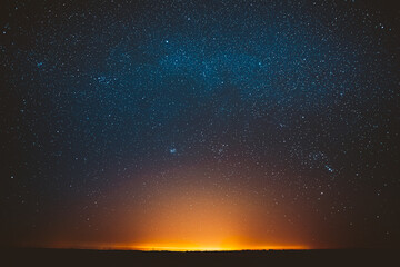 Awe Beautiful Night Sky Glowing Stars Background Backdrop With Colorful Sky Gradient. Sunset...