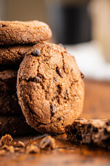 Tasty biscuits with chocolate. Sweet chocolate cookies