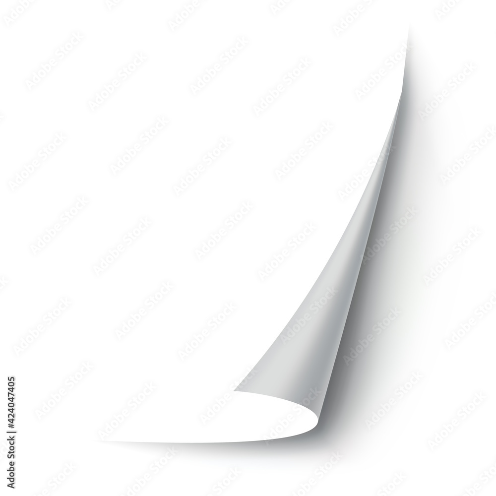 Poster curled paper corner. curve page corner, page edge curl and bent paper sheet with realistic shadow. p