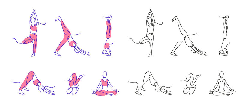 Continuous Line Art Yoga Poses. Yoga Asana Outline.