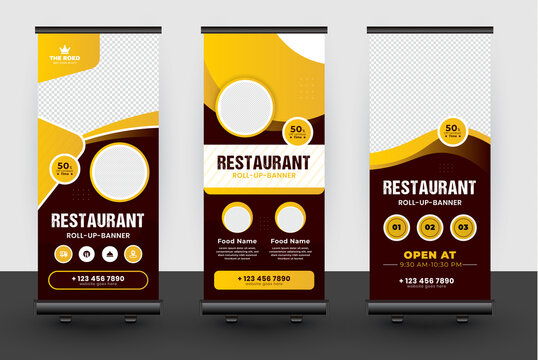 Food & Restaurant concept Roll-Up banner. Graphic template roll-up for exhibitions, banner for Restaurant, layout for placement of photos.