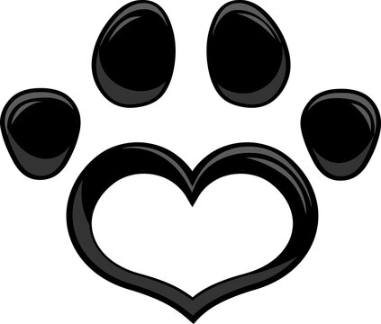 Black Love Paw Print Logo Flat Design. Vector Illustration Isolated On White Background