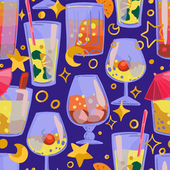 Bright cocktails, beverages in glasses. Hand drawn vector seamless pattern. Colorful ornament in cartoon style. Abstract design for summer print, wrap, decor, fabric, textile, background, wallpapers.