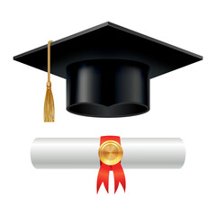 Graduation cap and rolled diploma scroll with stamp. Finish education concept. Academic hat with tassel and university degree certificate.  illustration for announcement banner poster or flyer