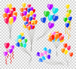 Helium balloons. Bunches or groups of colorful helium balloons isolated on transparent background. Collection of party realistic flying balloons.  cololor design elements