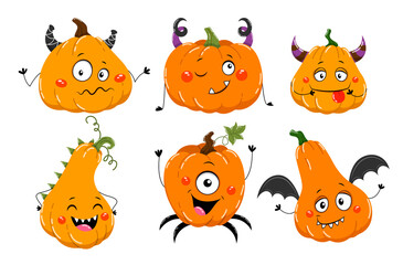 Set of six colorful cartoon pumpkins with faces