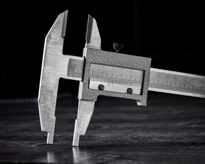 The caliper on a dark wooden background is an accurate manual quality control tool.