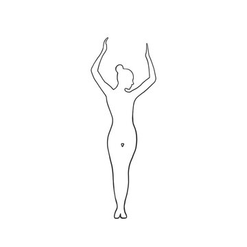 Contour of woman with hands up pose in a linear style. Sketch, outline figures of a woman. The design is suitable for modern decor, paintings, tattoos, prints. Isolated vector
