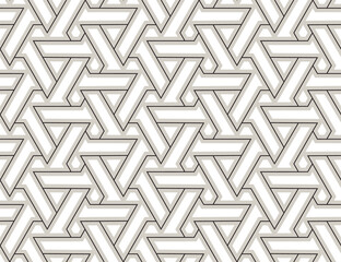 Seamless pattern with intersecting stripes, poly lines, polygons and stars on black backcround. Abstract ornament in Arabic style. Arabesque.