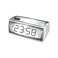 Hand drawn sketch of digital alarm clock on a white background. Clock. Wall clock. Watches. Alarm. Time.