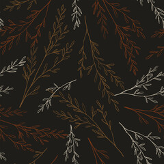 Sketches of field plants. Hand drawn vector seamless pattern. Gentle colorful botanical ornament. Abstract summer design for print, wrap, decor, fabric, textile, background, wallpapers, scrapbooking.