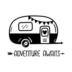 Adventure awaits written lettering. Camping motivating words. Happy camper summer. Vector illustration isolated on a white background. Good for posters, textiles, t shirts.