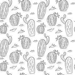 Black and white cacti. Doodle style. Illustration on white background. Vector seamless pattern