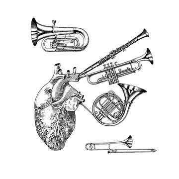 Music of the heart in vintage style. Jazz Musical Trombone Trumpet Flute French horn Saxophone. Hand Drawn sketch for tattoo or t-shirt or woodcut. Vintage Vector illustration for poster or banner.