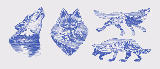 Gray wolf logo and badge. Forest and mountain and hill. Double exposure Concept. A predatory beast. Wild forest animal. Vector Engraved hand drawn Vintage old sketch for tattoo, t-shirt or typography. © artbalitskiy