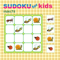 Sudoku for kids with various insects. Ant, snail, bee and ladybug. Seamless pattern as a background.