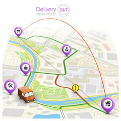 City map navigation route, point markers 3d delivery van, drawing schema itinerary delivery car, city plan GPS navigation, itinerary destination arrow city map. Route delivery check point graphic