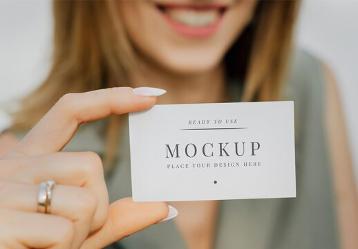 Woman Holding Business Card Mockup