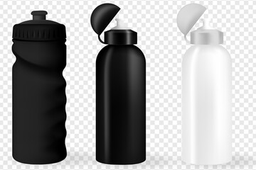 Water Bottle white, Silver and Black Empty Glossy Metal Reusable Water Bottle. Illustration of container water for sport bike and fitness. Vector realistic 3d.