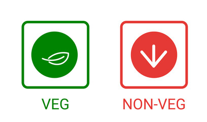 Veg, non-veg - Vegetarian and non-vegetarian marks in India, Sri Lanka, Pakistan. Green sign for packaged food and toothpaste products. Food icon symbol