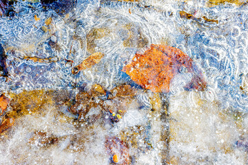Fototapeta premium Close-up of brown stones and bubbles trapped on the surface of frozen ice water with frost in a pond on a winter day. Frozen water texture