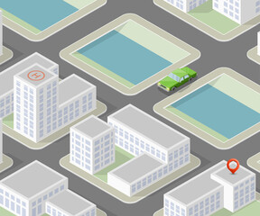 Flat isometric automobil city. Online navigation application auto service. Isometry car, flat isometric route town. 3D car classic vehicle itinerary road city. Get a motor online phone application