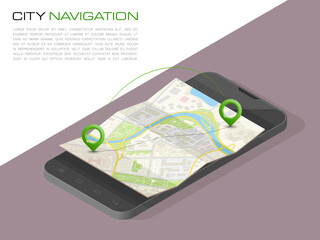 Isometric City map smartphone navigation, Isometry phone point marker, 3d flat schema isometric city plan GPS navigation tablet, itinerary destination arrow paper city map. Route isometric check point