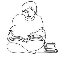 One line drawing of boy reading open book sitting on floor.
One continuous line drawing of  love of reading concept.