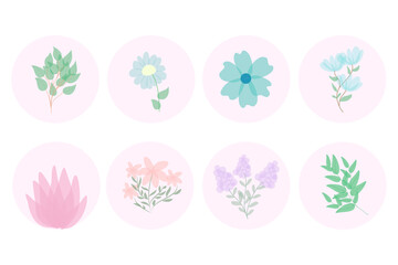 Highlight covers for social media stories vector. Multicolored circles with flowers and leaves. Round floral botanical icons. Perfect for bloggers, brands, stickers, wending, design, decor